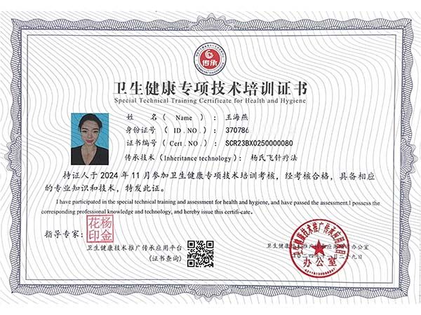 卫生健康专项技术培训证书